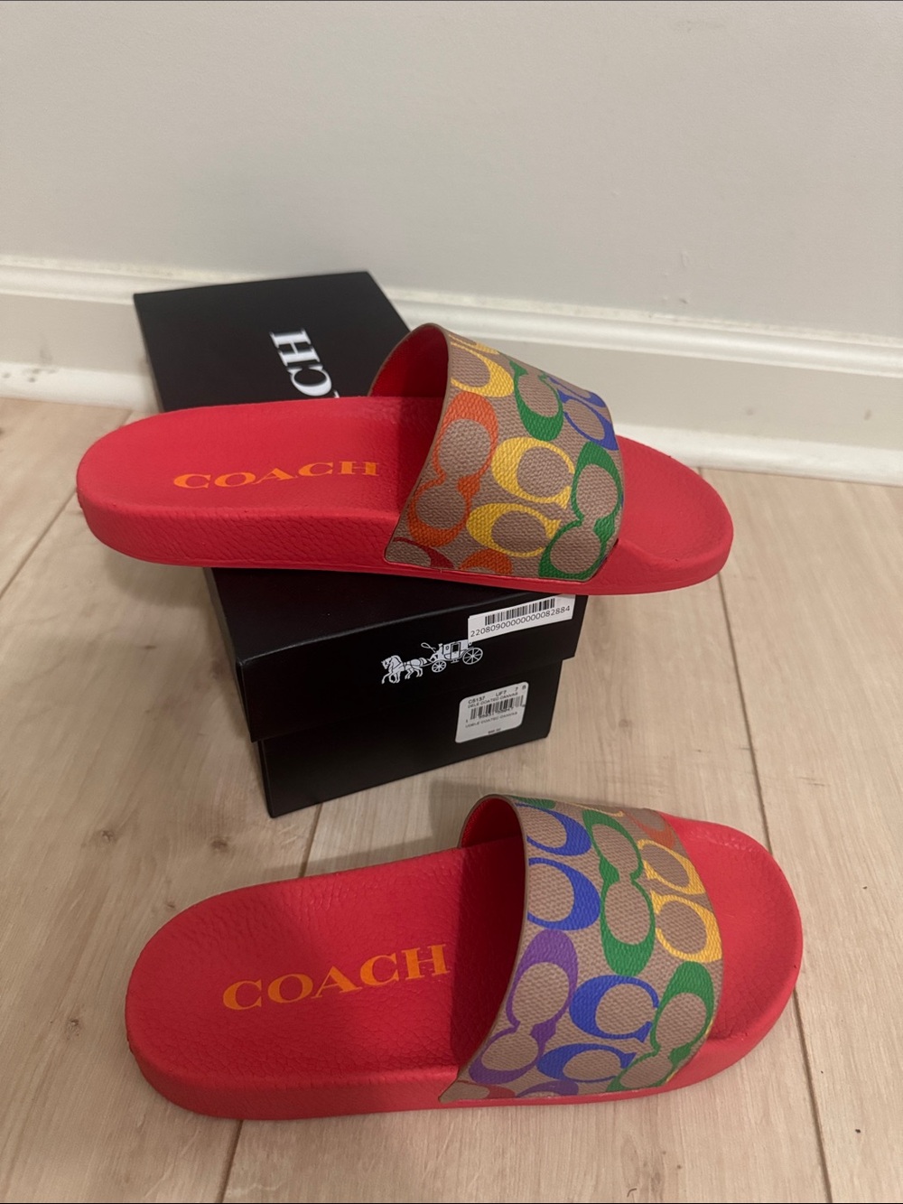 Coach Red Slides with Rainbow Signature 'C' Strap